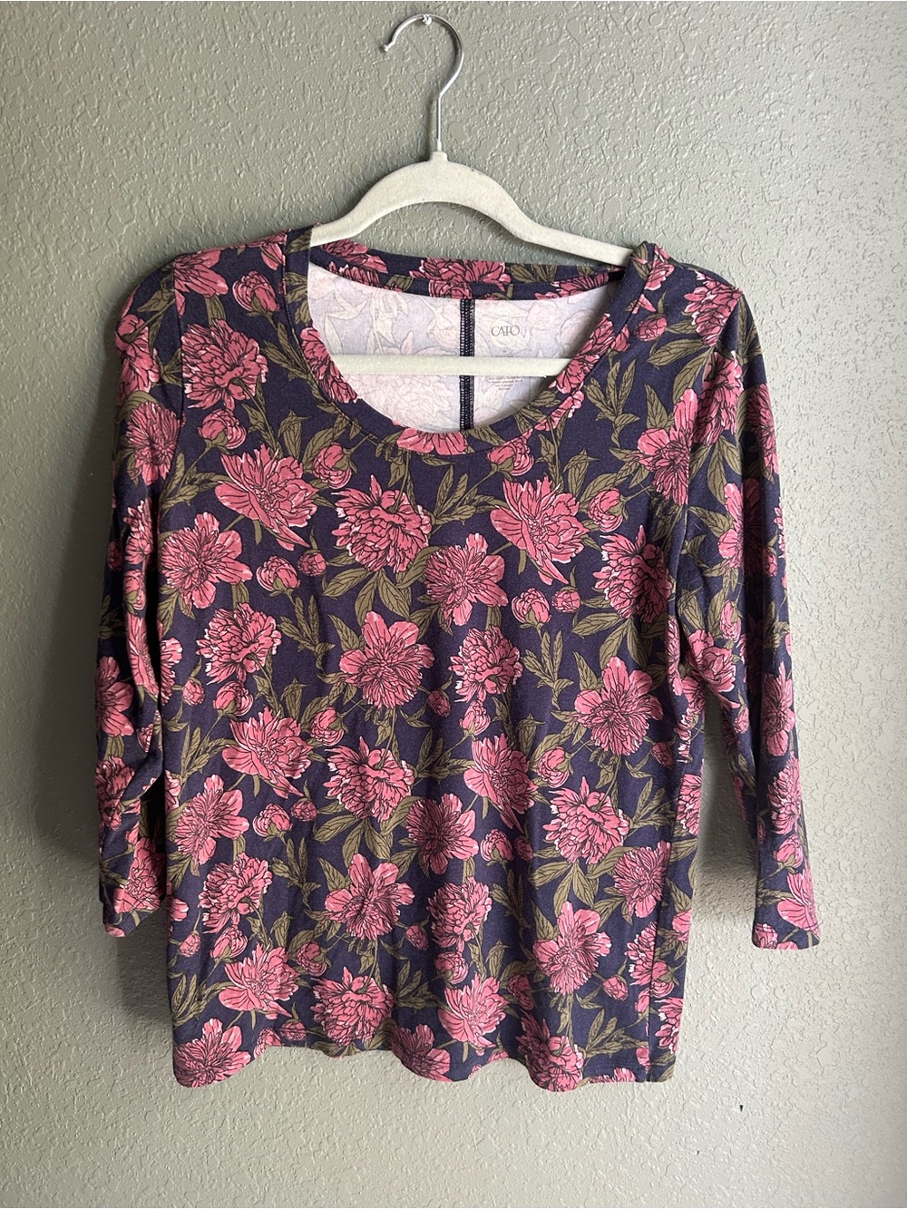 Cato pink floral print blouse with green leaves on navy background #floral